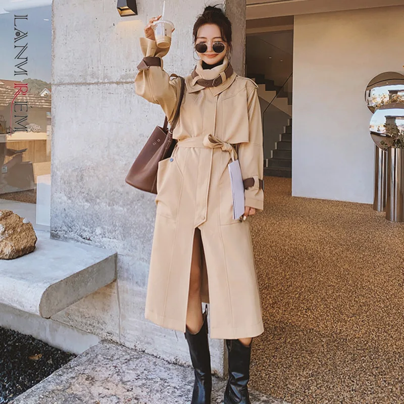 LANMREM 2022 весеннее пальто для женщин цвета хаки с воротником-стойкой на молнии