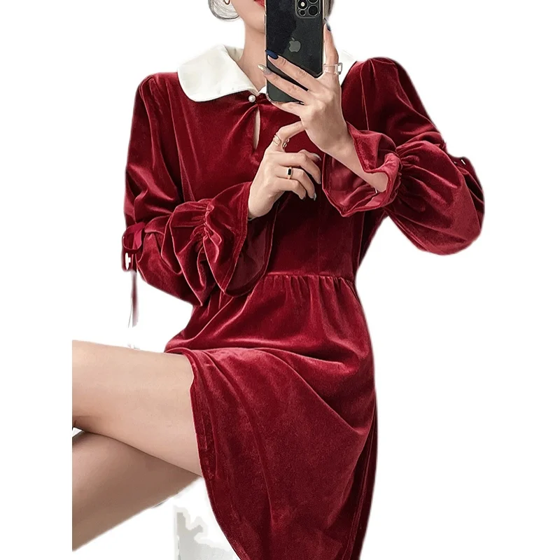 

COIGARSAM Women Long dress Bow Peter pan Collar Panelledlt Dresses Red Black 2436