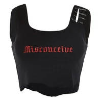 womens summer sleeveless ribbed knit crop top punk gothic letters embroidered cami vest hollow out pin buckle frayed streetwear