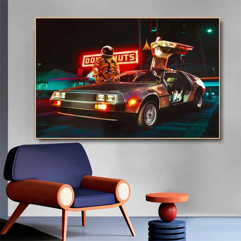 

Space Posters Astronaut Back To The Future Car Canvas Painting Creativity Space Wall Art Pictures for Room Home Wall Decoration