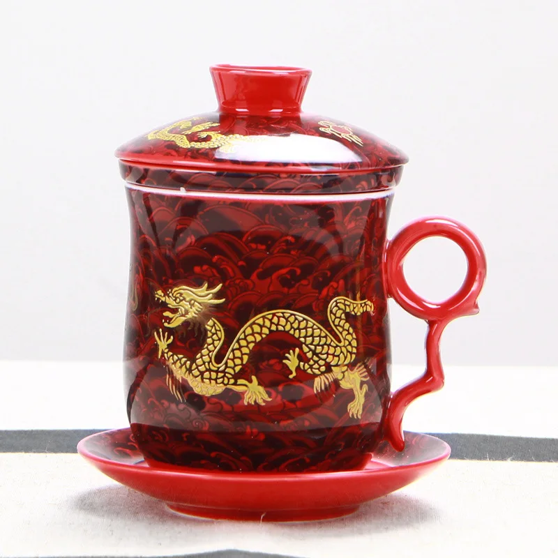 

Chinese Dragon Mug For Tea Ceramic Tea set Four-pieces set With Cover Office Meeting Water Cup Filter Infuser Teaware