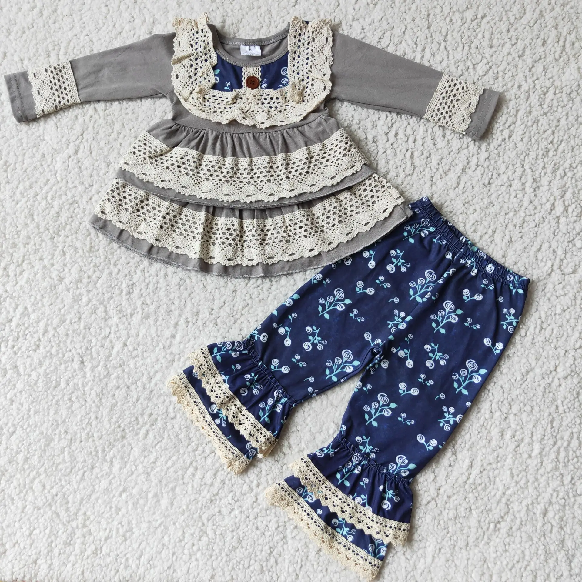 

2021 grey cotton lace shirt match ruffle pants cute kids fall clothes baby clothing sets