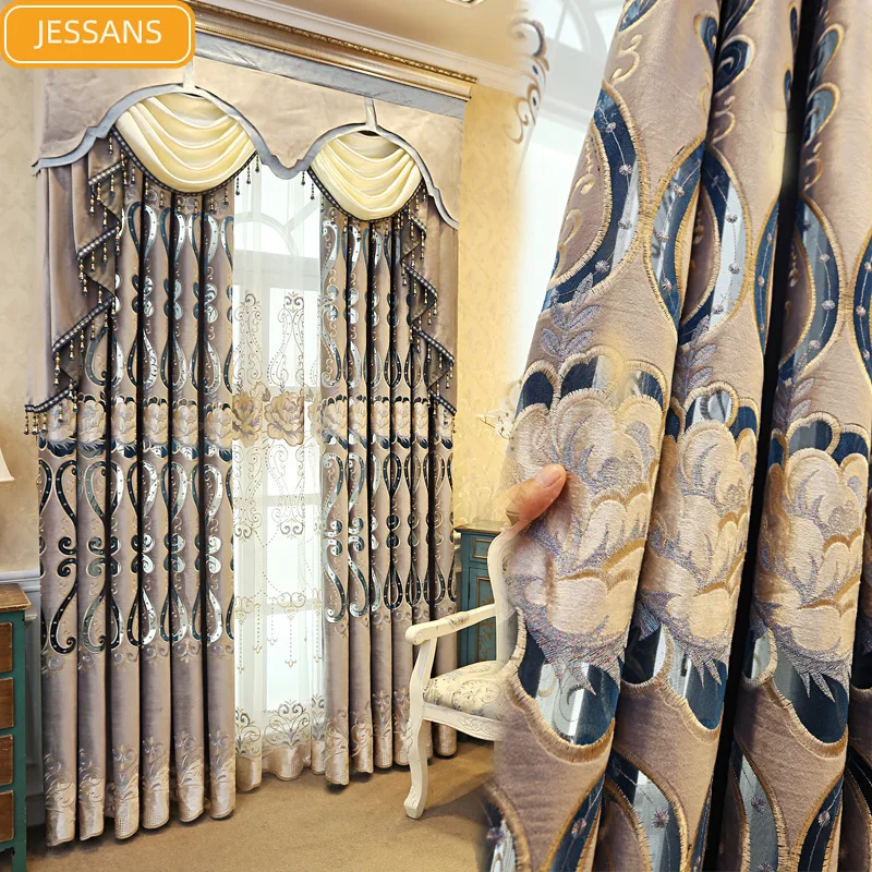 

European-style High-end Hollow Embroidered Blackout Curtains for Living Room and Bedroom Finished Custom Gauze Curtains Valance