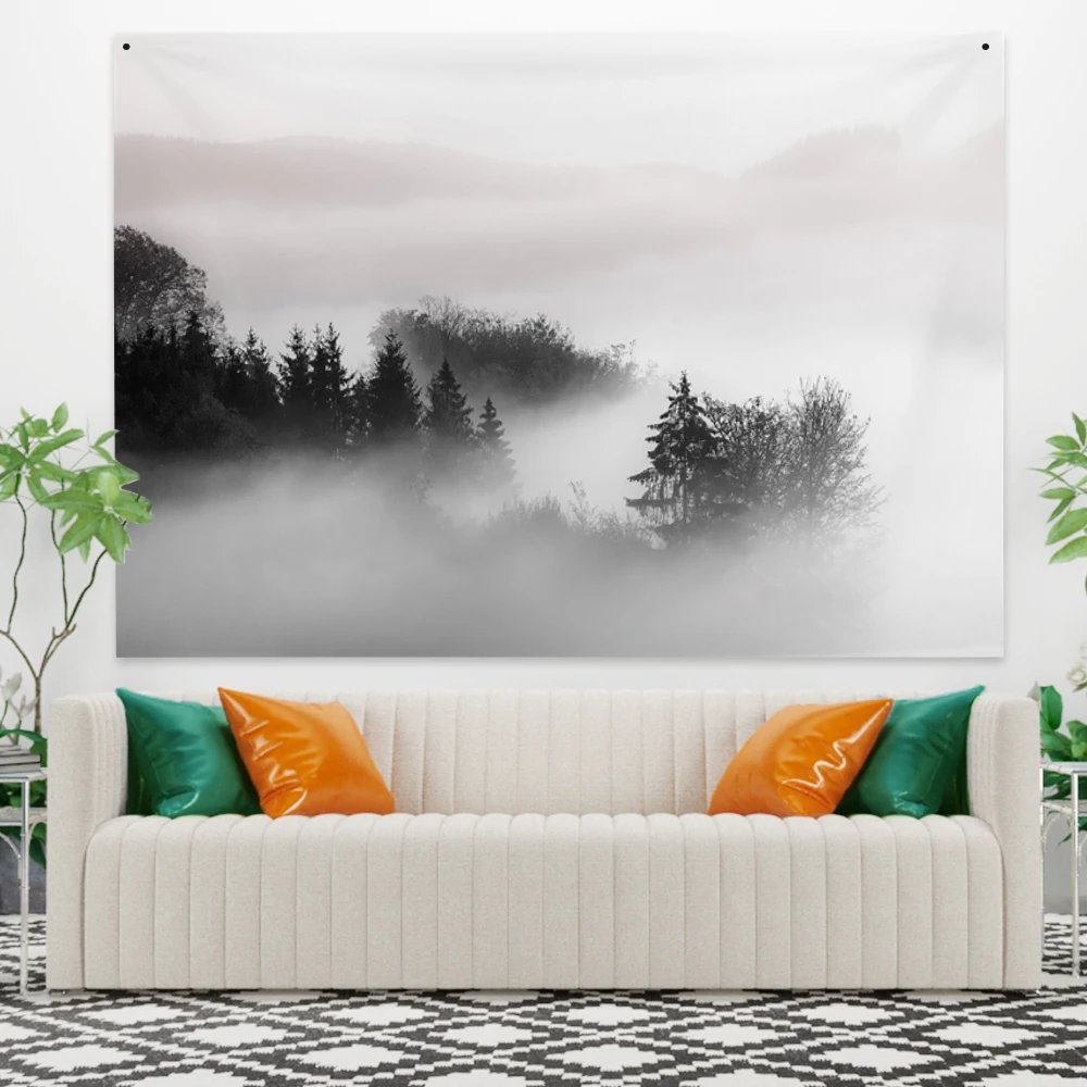 

Laeacco Foggy Forest Mountain Tapestry Wall Hanging Natural Scenery Hippie Wall Cloth Backdrop Art Decor Wall Carpet