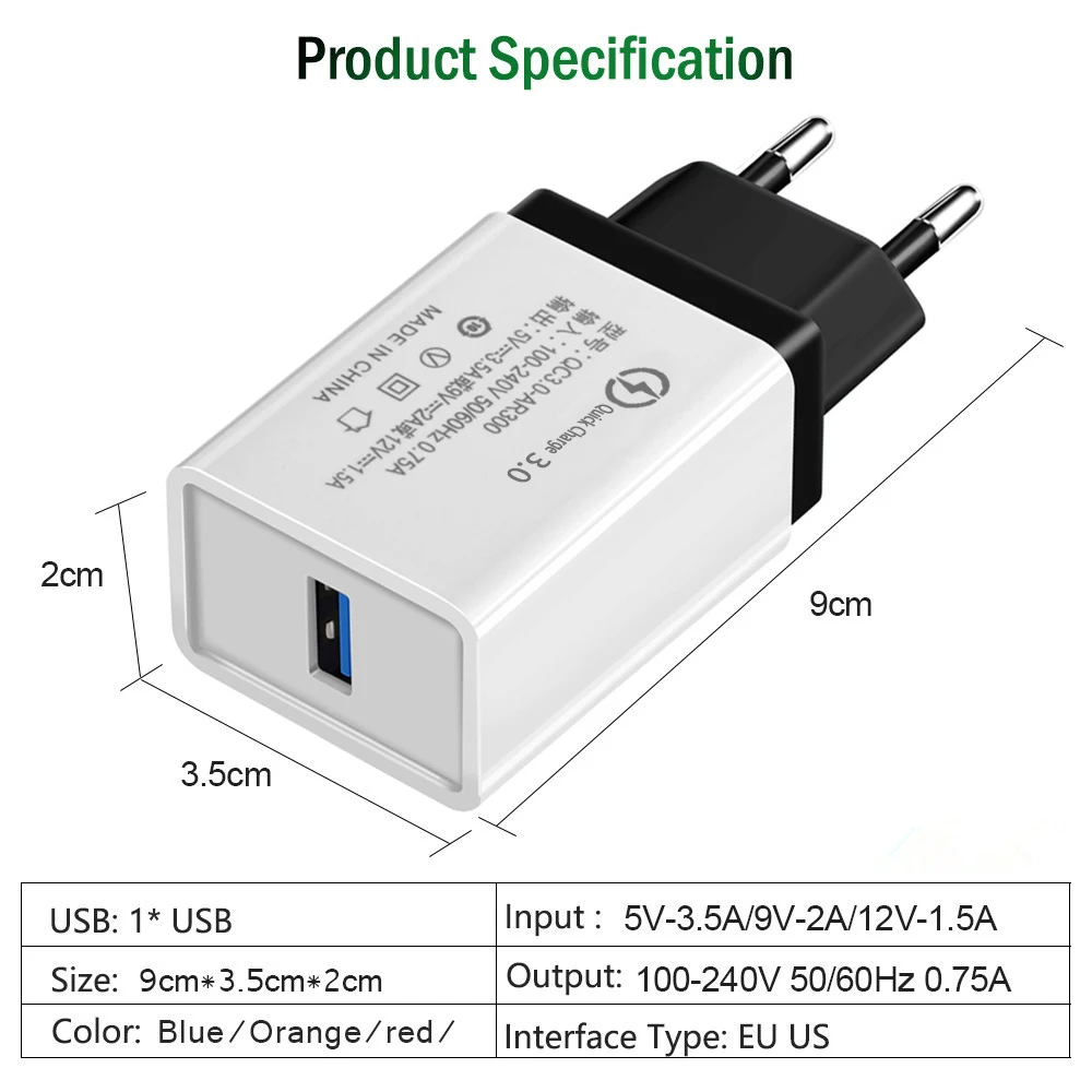 Быстрое зарядное устройство для ЕС/США, 5 В/3,0 А, QC, USB, зарядное устройство для телефона, настенное, быстрое зарядное устройство, кабели для iphone, huawei, Xiaomi, samsung, Galaxy, ipad, Apple