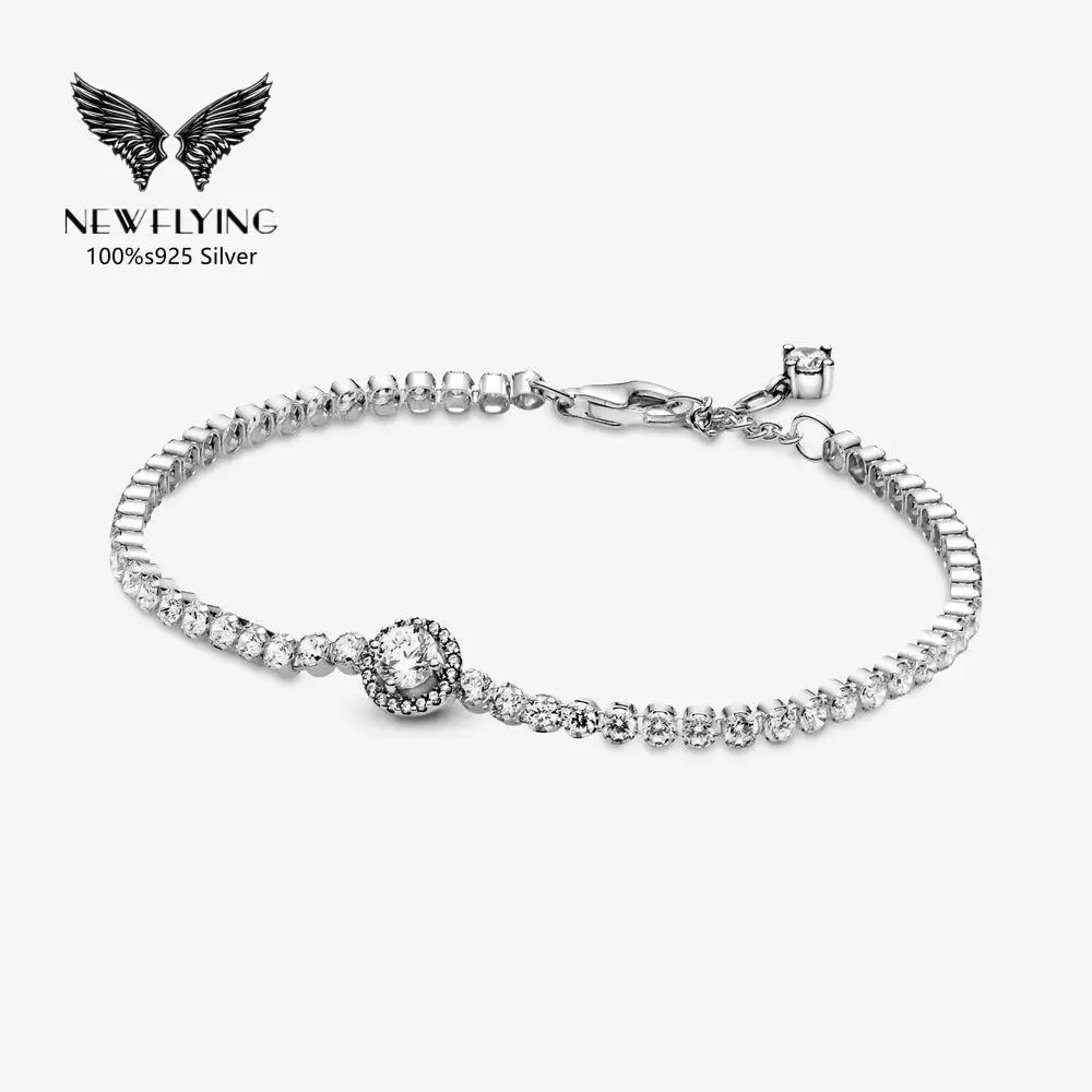 

Elegant Women Sparkling Halo Tennis Bracelet Clear Cubic Zirconia 925 Sterling Silver Bracelet For Anniversary Gift