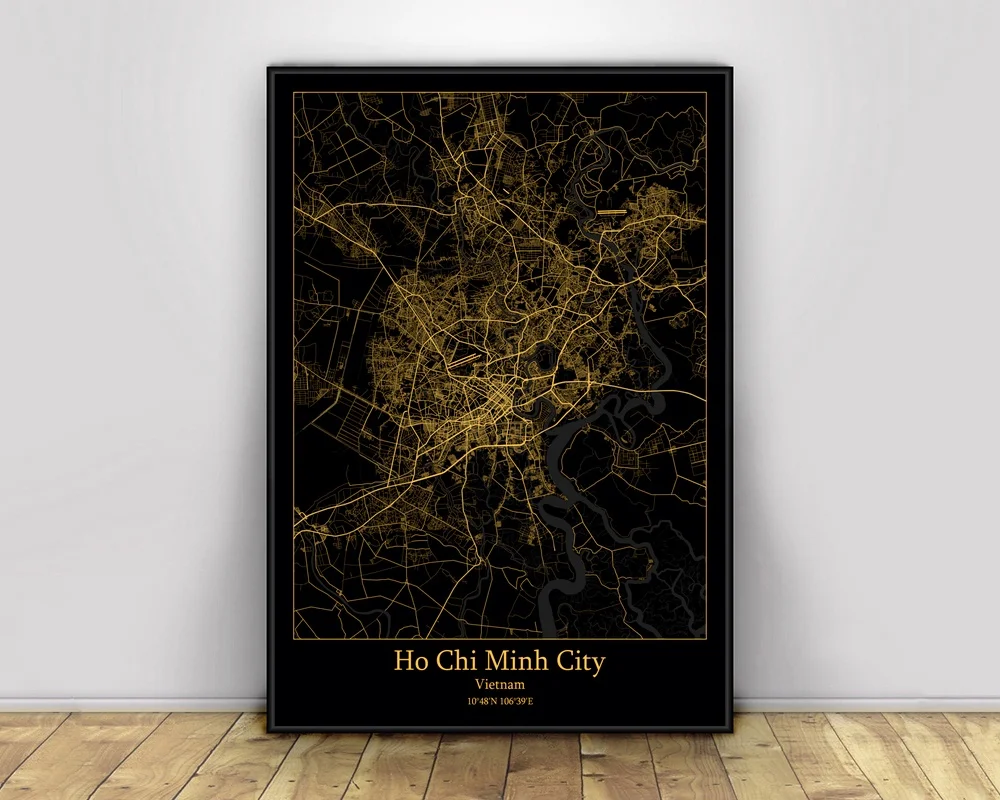 ХоШиМин во Вьетнаме черный и золотой город светильник Карты изготовленный на