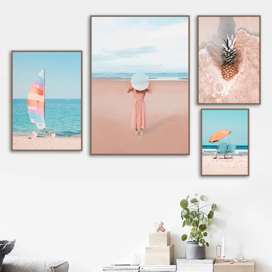 Beach Girl Seagull Sailboat Starfish Wall Art Canvas Painting Home Decor Posters And Prints pictures For Living Room Decoration | Дом и сад
