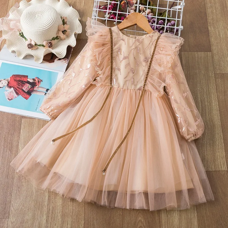 

2021 New Girls Long Sleeve Embroidery Red Princess Dress Kids Elegant Party Prom Ball Gown Children Costume 1-7 Year