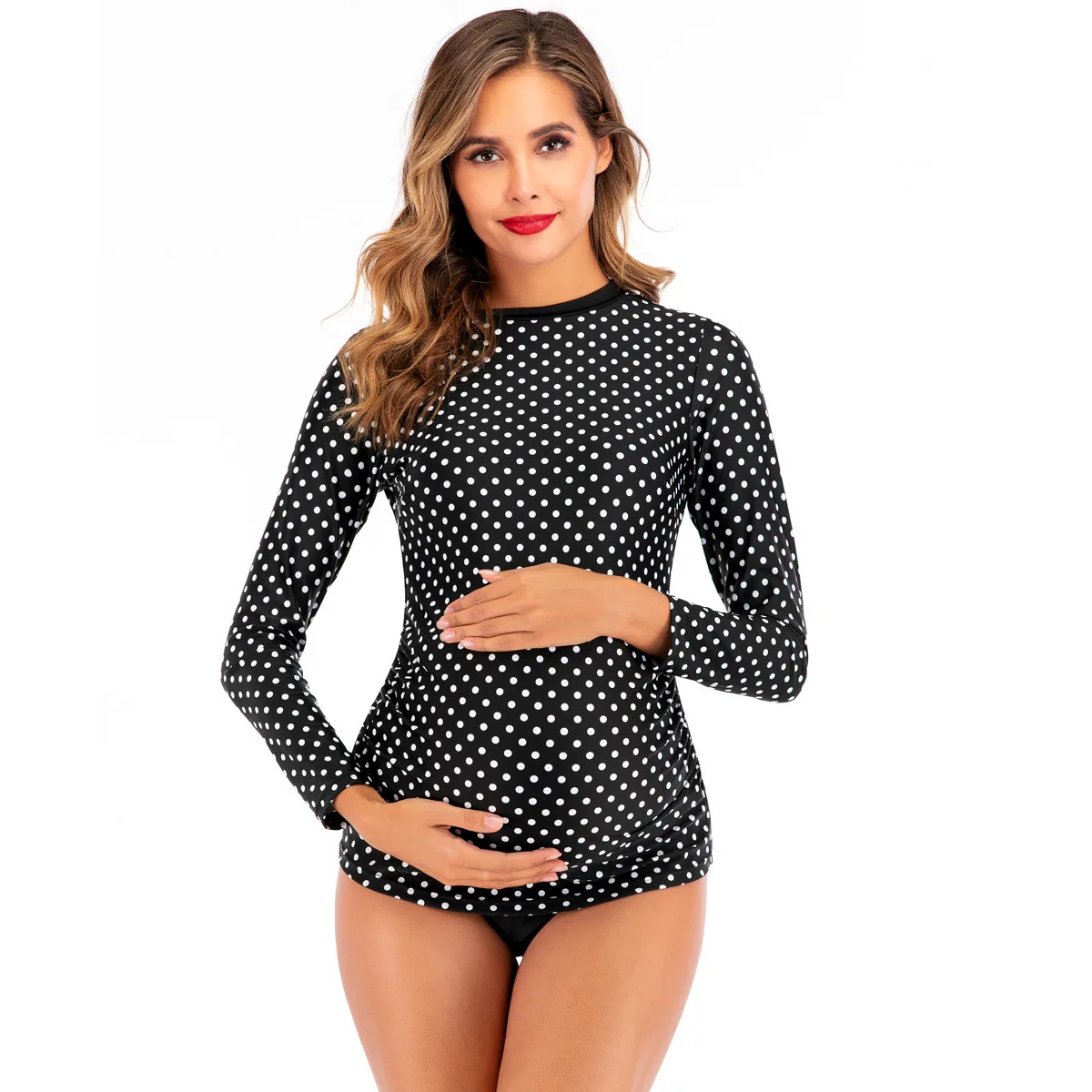 

Polka Dot Printed Long Sleeve Maternity Swimwear Sets Rash Guard Sexy Hot Tankinis Clothes for Pregnant Women Pregnancy Swimsuit