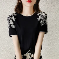 knit shirt t shirt women short sleeved summer 2021 new embroidery thin western style small shirt loose version design top