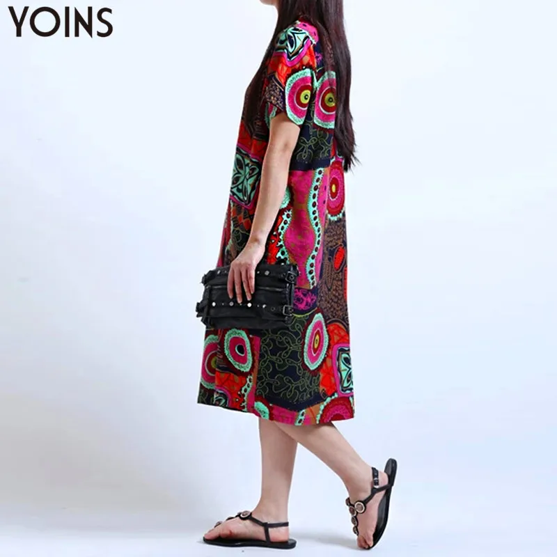 M-5XL2019 YOINS Новое Женское платье с круглым вырезом и цветочным принтом с коротким рукавом из хлопка и льна Повседневное Платье До Колена мешковатое Платье-туника размера плюс