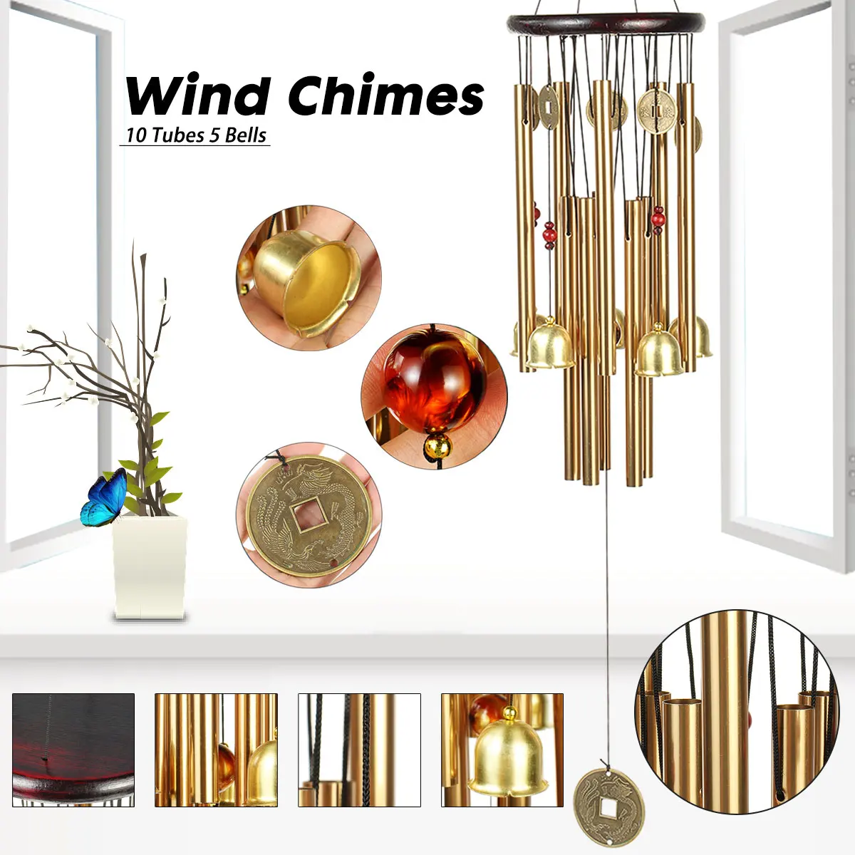 

10 Tubes Copper Coin Wind Chime Pendant Balcony Outdoor Yard Garden Home Decoration Metal Pipe Wind Chimes Wind Bells Windchime