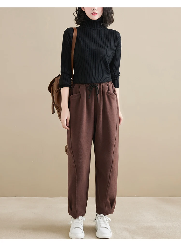 Winter New Trendy Warm Fleece Thick Oversize Loose Casual Trouser Women Solid Color Elastic Waist Versatile Premium Sweatpants