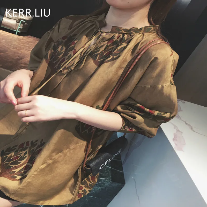 

70% silk floral print blouse brown color puff sleeve oversize loose shirt 2021 autumn new