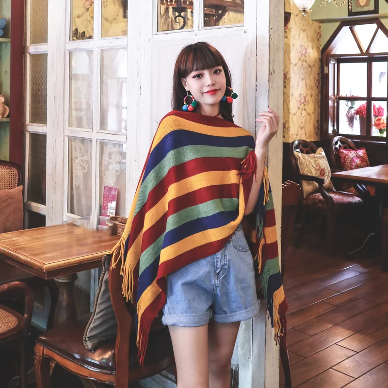 

Stripe Pullover Cloak Poncho Women 2021 Autumn Winter Outwear Casual Tassel Warm Jumper Knitting Vintage Capes Sweater Scarf
