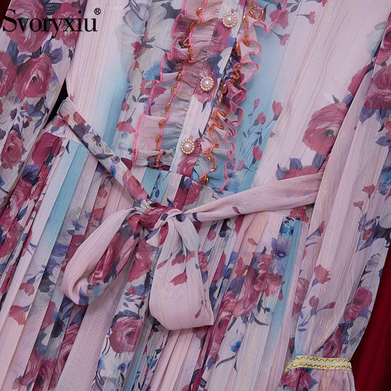 

Svoryxiu 2021 Designer Fashion Spring Summer Long Sleeve Dress Women's Gold Line Flower Print Beaded Ruffles Dresses Vestdios
