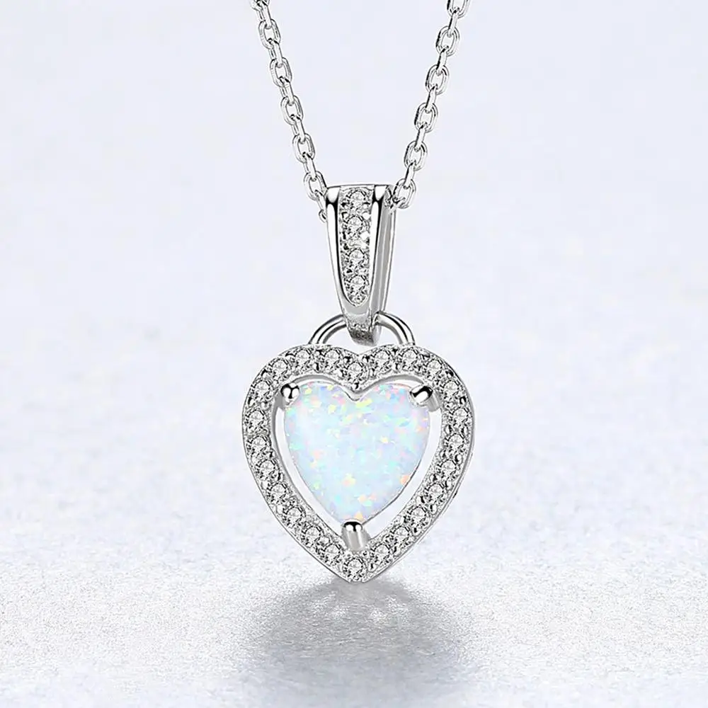 

Opal Necklace 925 Sterling Silver Chain Charm Love Zircon Opals Pendant Necklace Women Gift Fine Jewelry