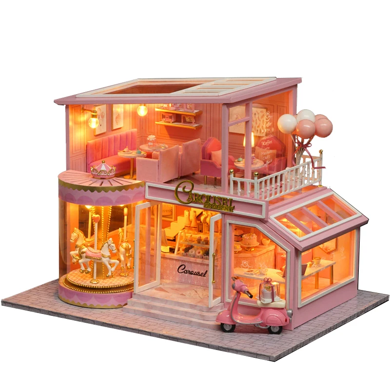 

DIY Wooden Miniature Dollhouse Pink Princess Villa Series Carousel Furniture For Doll House Toy With Light Kit Gift For Girl