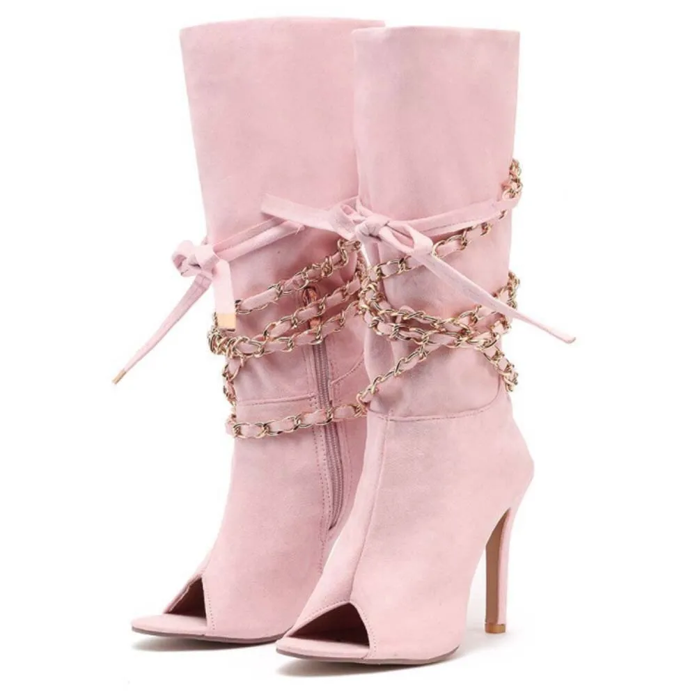 

SARAIRIS Brand New Ladies Spring Fashion Mature Boots Mid Calf Boots Women Flock Peep Toe Thin High Heels Chain Shoes Woman