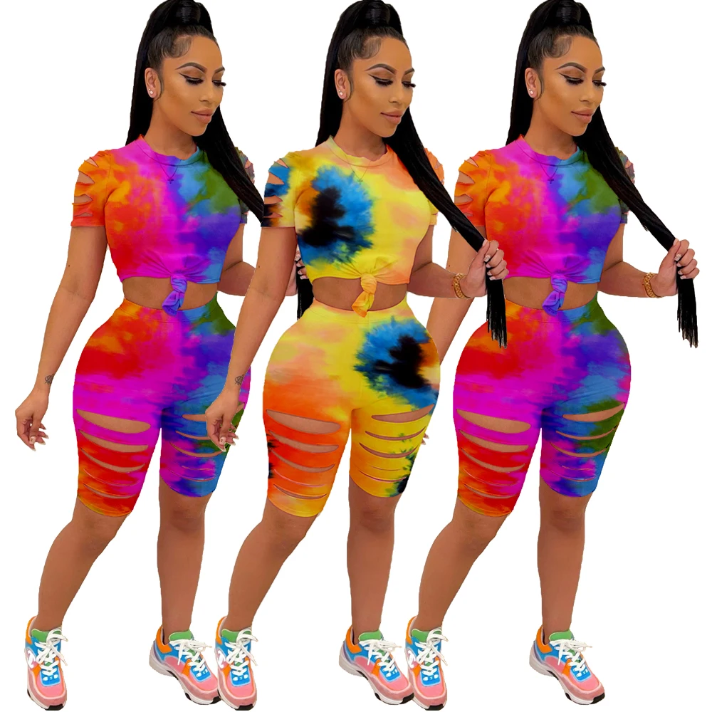 

F7512 European American spring and summer women's fashion tie dye printing sports burnt flower two-piece set available from stoc