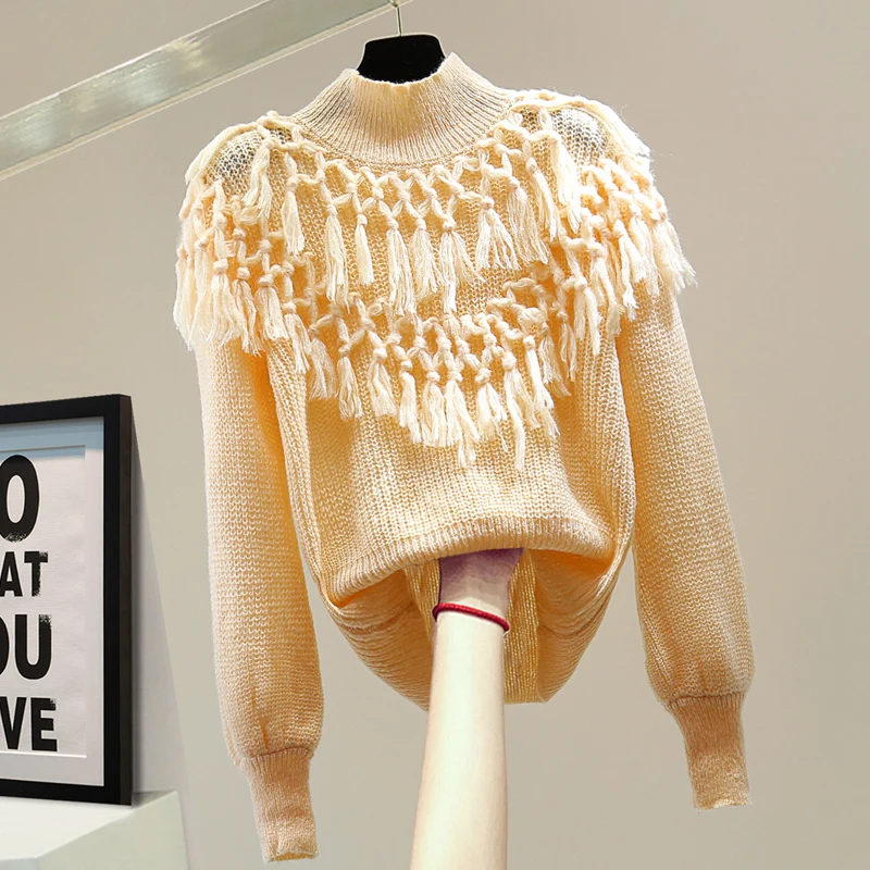 

Tassel Pullovers Tops Women 2021 Autumn Loose Solid Color Casual Turtleneck Sweater Womens Knitwear Korean Ladies Sweaters