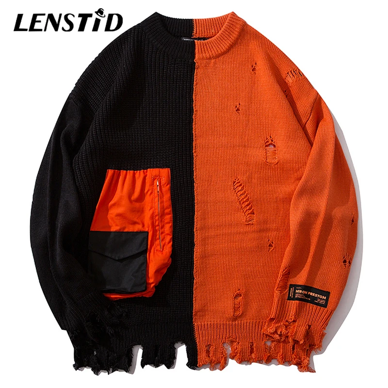 LENSTID осень мужские хип хоп Харадзюку цветной блок пэчворк трикотажные пуловеры с