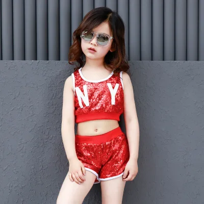 Детский красный танцевальный костюм с блестками в стиле хип-хоп для девочек