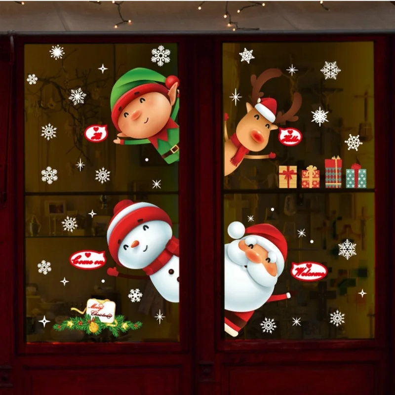 

Christmas Children's Room Door Shop Window Glass Scene Layout Santa Claus Elk Snowflake Stickers Wall Stickers