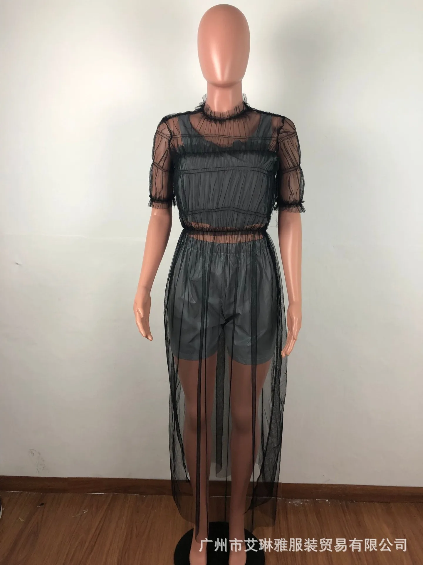 

Popular European and American sexy mesh see-through ruffled top long dress for women