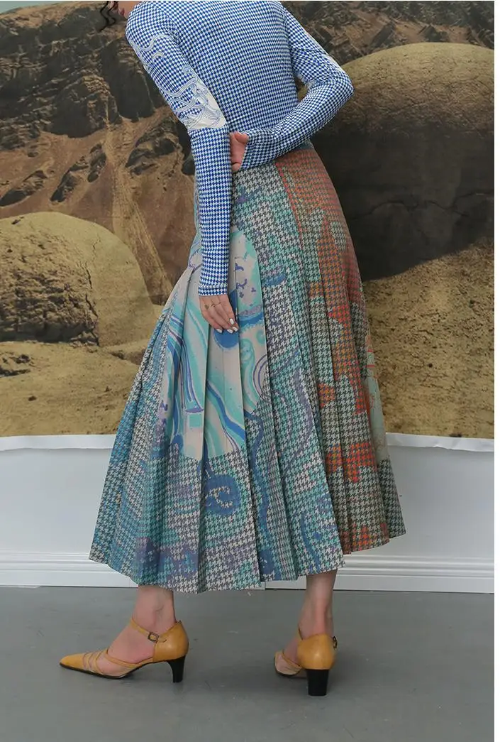 

Skirt All Match Ladies Skirts Autumn Winter New Women Skirt Printed Pleated Long Skirts High Waist Long Pleated