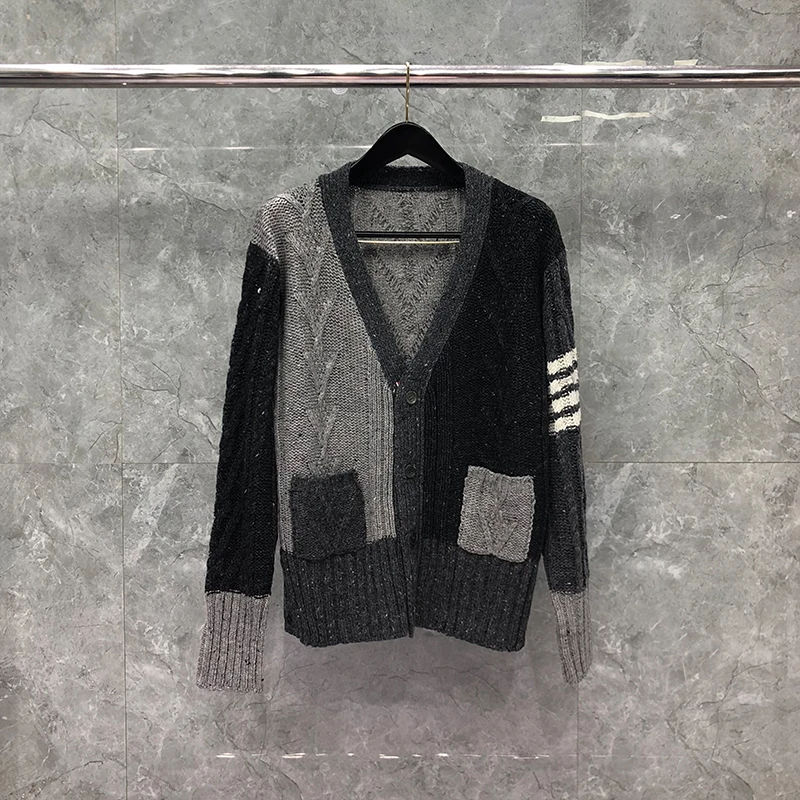 TB THOM Men's Sweater Winter Fashion Brand Coats Grey Fun-Mix Wool Mohair Tweed Aran Cable V-Neck Cardigan Wholesale TB Sweaters