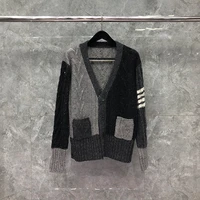 tb thom mens winter sweater fashion brand mens coat fun mix wool aran cable 4 bar stripe v neck cardigan harajuku sweaters