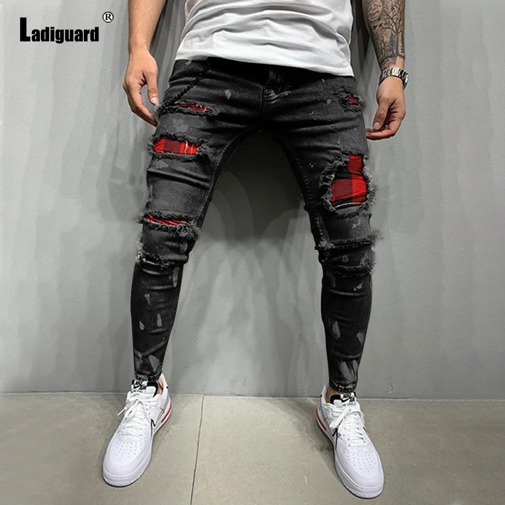 Plus Size Mens Demin Pants Jeans 2023 Summer Hole Ripped Pants Male Zipper Pockets Trouser New Patchwork Hip Hop Leisure Pant