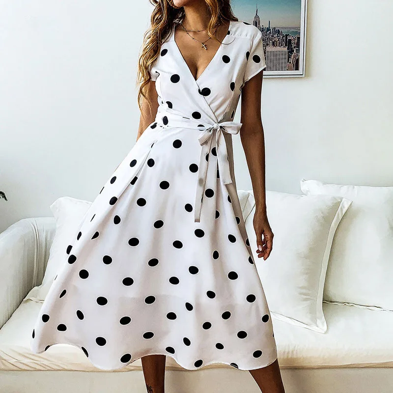 

White Women Summer Dress Vintage Dot Print Bohemia Dress Robe Femme Sundress Vestidos Plus Size V Neck Polka Dot Party Dress