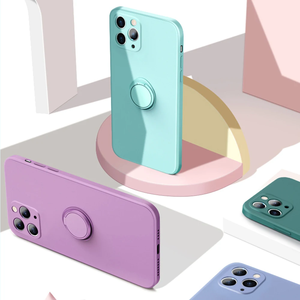 

Luxury Square Edge Ring Holder Case For iPhone 12 11 Pro Max Mini X XS XR SE 2020 7 8 Plus Soft Liquid Silicone Shockproof Cover