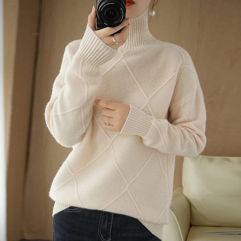 Turtleneck Cashmere Sweater Women Thick Loose Pullover Wool Knit Sweater Fashion Short Diamond Bottoming Shirt Explosion Models