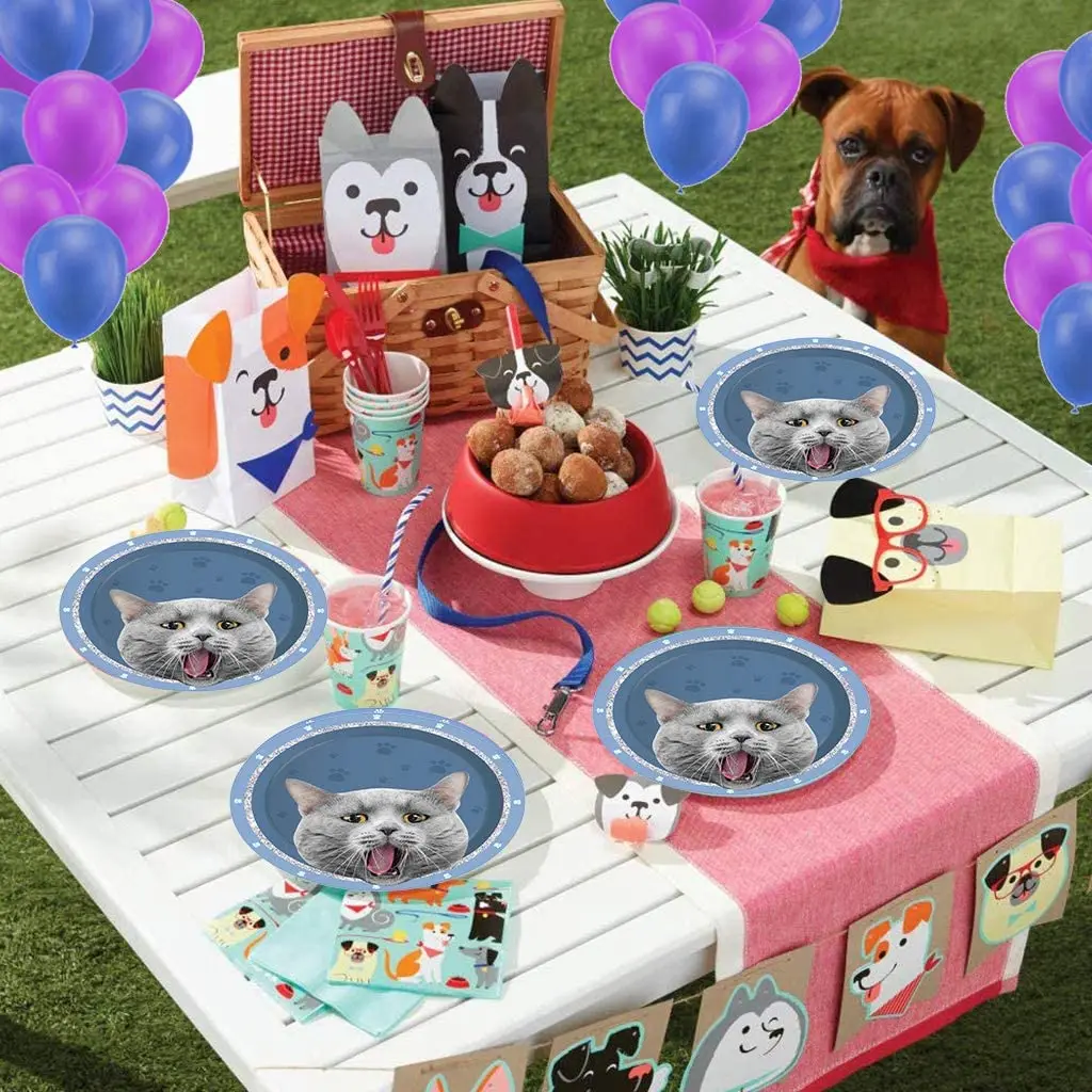 

Pet Cat Party Supplies Cute Cat Disposable Tableware Paper Plates Cup Napkin Banner Cat Birthday Theme Party Balloon Decoration