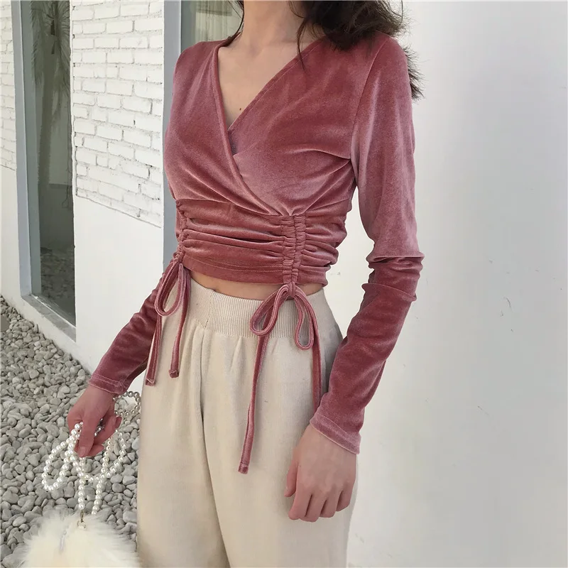 New Korean retro chic style temperament slim slimming gentle V-neck lace short velvet T-shirt top | Женская одежда