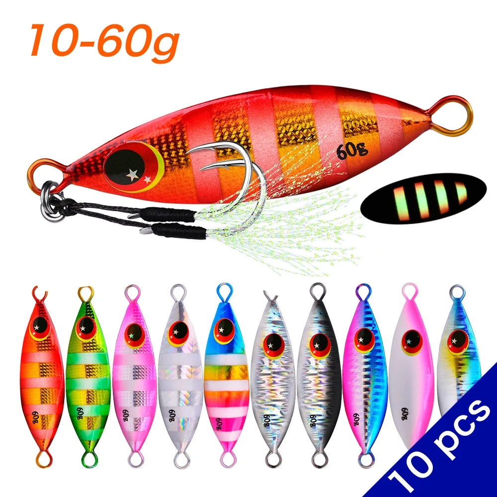 

10 Pcs/lot Metal Jig Spoon Lure Artificial Bait Shore Slow Jigging Super Hard Lead Bass Fishing Tackle 10g 20g 30g 40g 60g Set