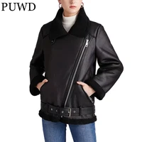 puwd loose women faux leather fur jacket winter 2021 leisure streetwear buckle belt fashion cool warm zipper female chic outwear
