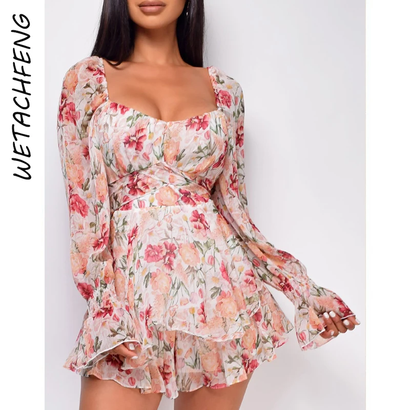 Сексуальные шорты комбинезон с цветочным принтом и длинными рукавами летние