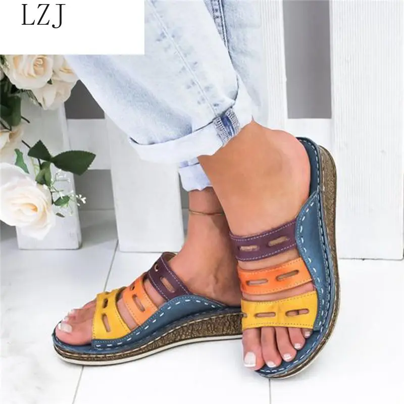 

LZJ 2020 New Summer Women Sandals Stitching Sandals Ladies Open Toe Casual Shoes Platform Wedge Slides Beach Shoes Dropshipping