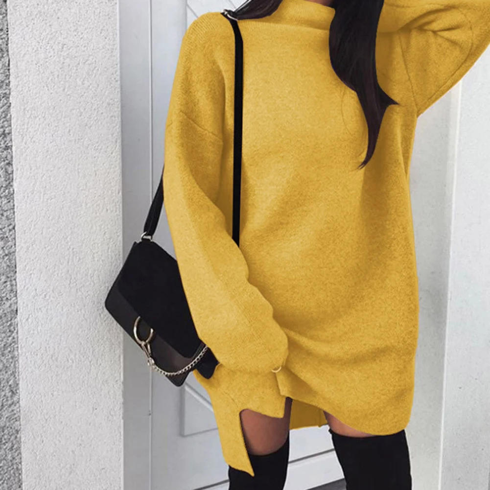 Повседневное женское осеннее однотонное свободное трикотажное мини-платье с