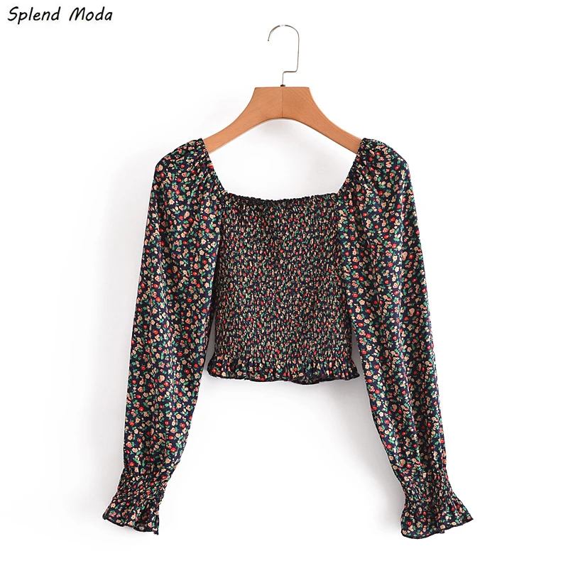 

Fashion New Autumn French Vintage Floral Print Long-Sleeve Folds Square Collar Blouse Autumn Women Elastic Waist Slim-Fit Female