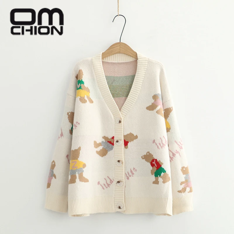

OMCHION корейский модный Свободный вязаный кардиган с V-образным вырезом с вышивкой в виде медведя свободный свитер пальто Повседневная Свобод...
