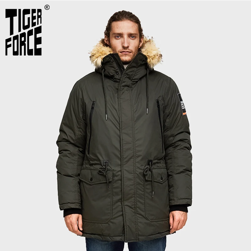 

TIGER FORCE Men Parka Hooded Winter Jacket for Men Artificial Fur Collar Warm Coat Adjustable Waist Thicken Coats Men Snowjacket