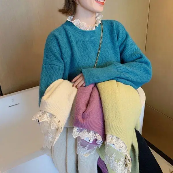 

Autumn and winter new Korean loose large size lace collar fake two sweaters