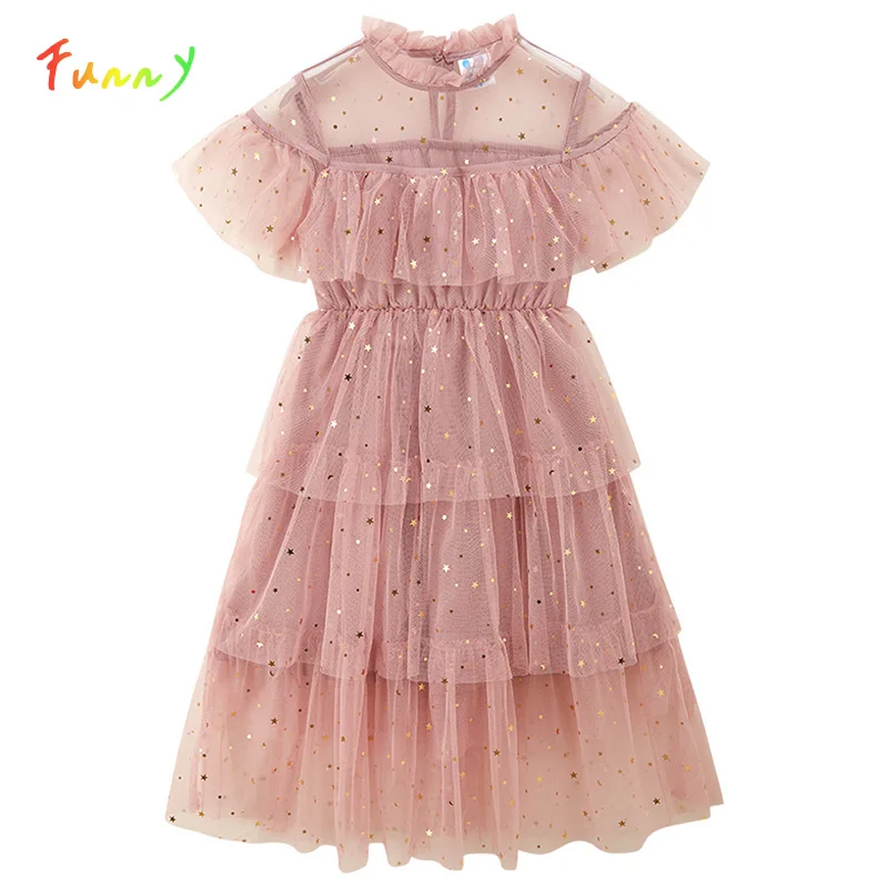 

Pink Mesh Girls Dresses Summer 2021 Short Sleeve Star Sequins Birthday Party Dress for Kids Girl Tutu Cake Princess Costume