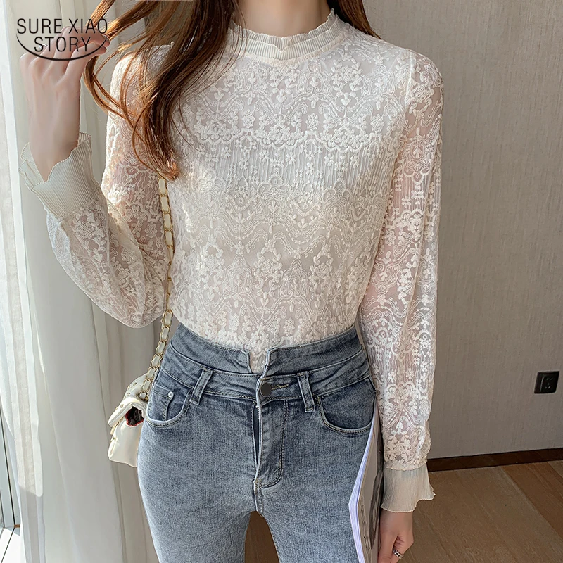 

Женская кружевная рубашка, элегантный осенний Топ с длинным рукавом, модная винтажная рубашка с воротником-стойкой и оборками, кружевная бл...